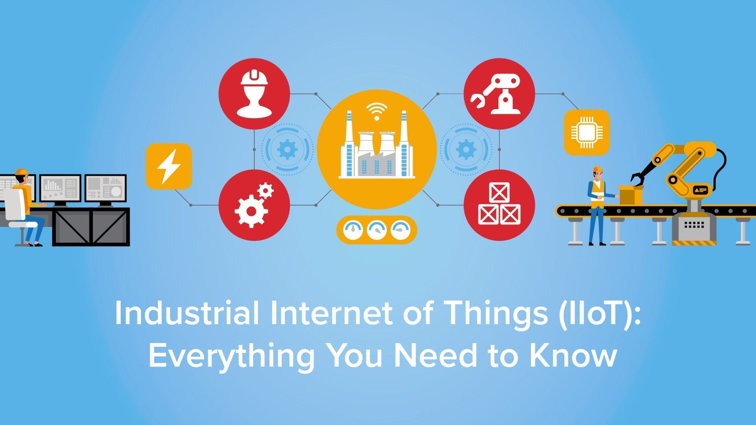 Conceptual map of the Industrial Internet of things with manufacturers, conveyer belts and graphs connecting them all. 